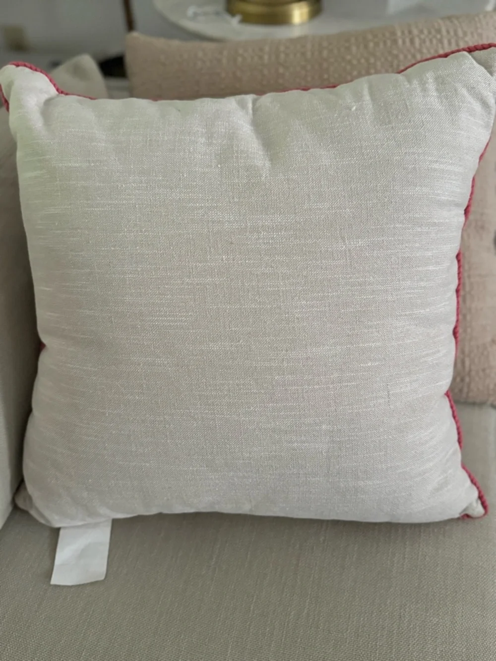 20” x 20” throw pillow features a trellis pattern with embroidered